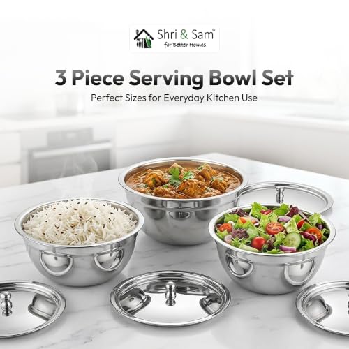 Shri & Sam 3-Piece Steel Serving Bowls with Lids Set BSS-T - Image 3