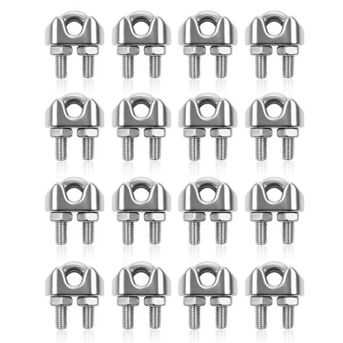 16Pcs Wire Rope Clamp M3 Stainless Steel, Heavy Duty Cable Clamps for Rope and Wire Fixing, Durable Wire Rope Clips and Rope Clamp Set for Washing Lines, Garden Fences, Curtain Tracks and Outdoor Use