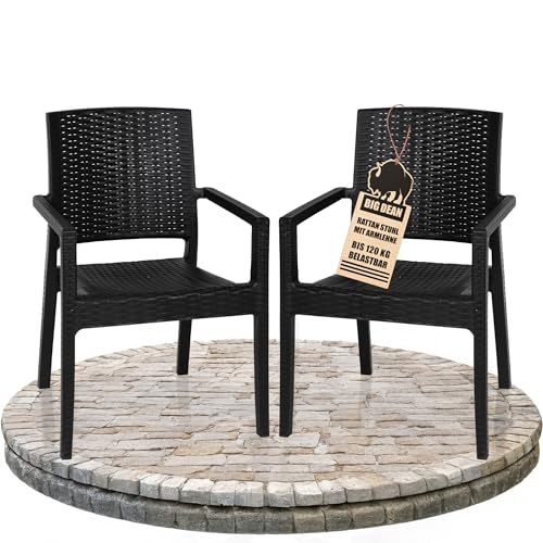 BigDean 2er Set Gartenstuhl mit Armlehne stapelbar Rattan-Optik...