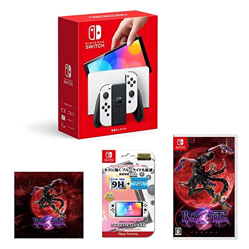 Nintendo Switch(有機ELモデル) Joy-Con(L)/(R) ホワイト+【任天堂ライセンス商品】SCREEN GUARD for Nintendo Switch(有機ELモデル) (9H高硬度+ブルーライトカットタイプ)+ベヨネッタ3 -