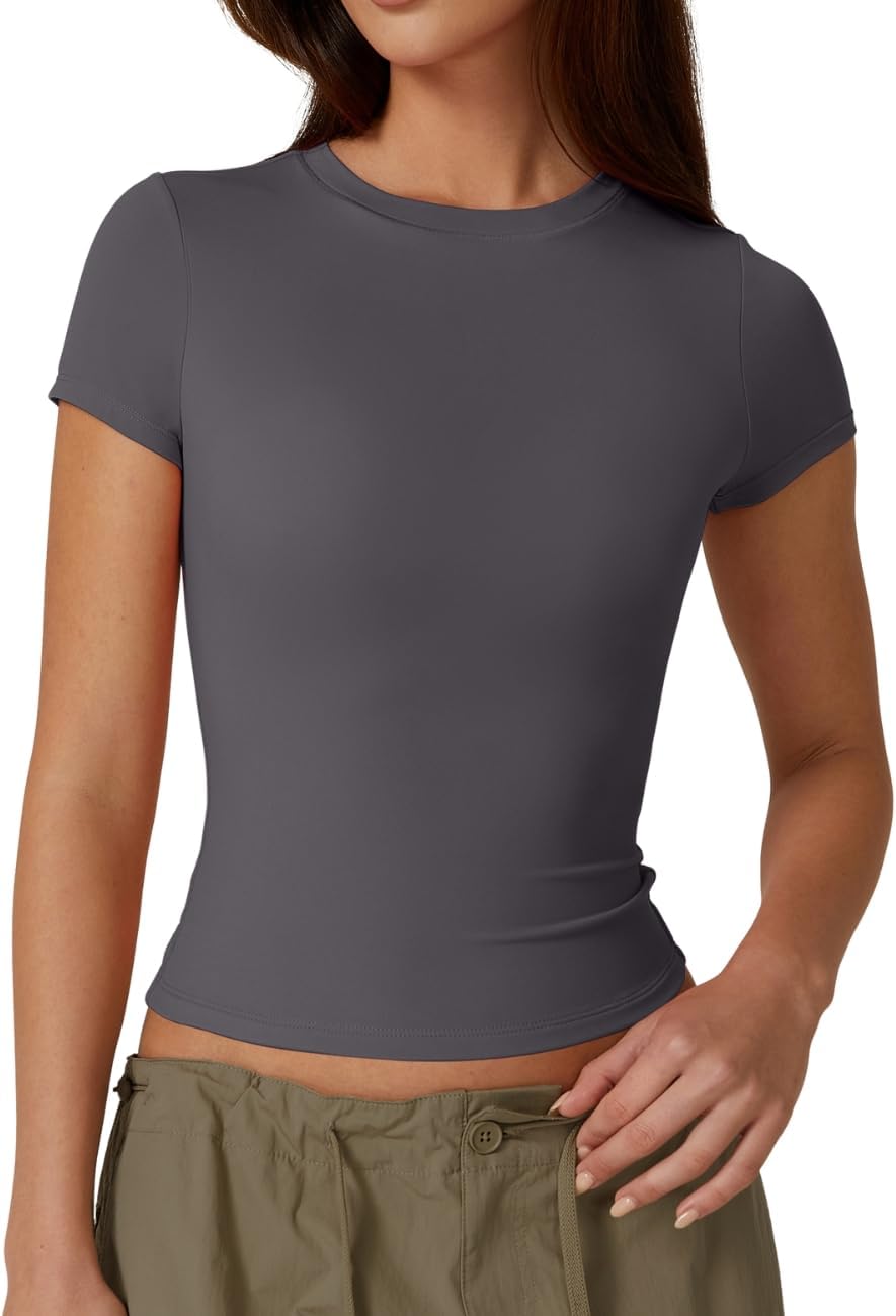 QINSEN Women's Crew Neck Short Sleeve Double-Layer Tops Basic Slim Fit Going Out T Shirt