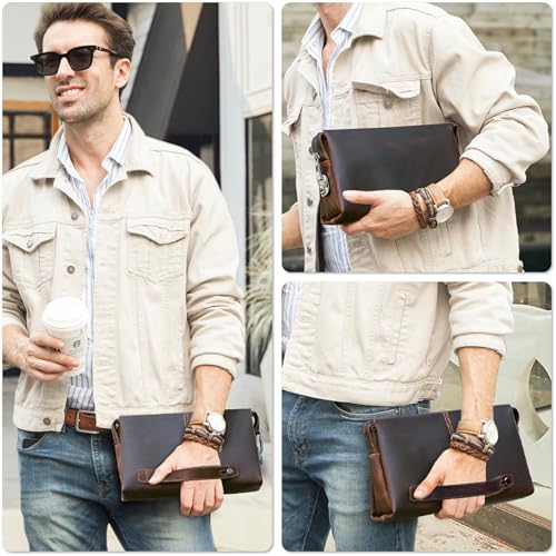 Top Grain Genuine Leather Clutch Wallet Purse for Man & Woman, Handmade Retro Design, Combination Lock & Retractable Strap & Multi Pockets/Slots, Portable RFID for Cards/Checks/Phone/Banknote, Coffee3