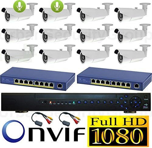 USG 1080P HD IP CCTV Kit with Microphones: 1x 32 Channel NVR + 12x 1080P 2.8-12mm PoE IP Bullet Cameras (2 of 12 with Audio Upgrade) + 2X 10 Port PoE Switch + 1x 4TB HDD + 2X Microphones