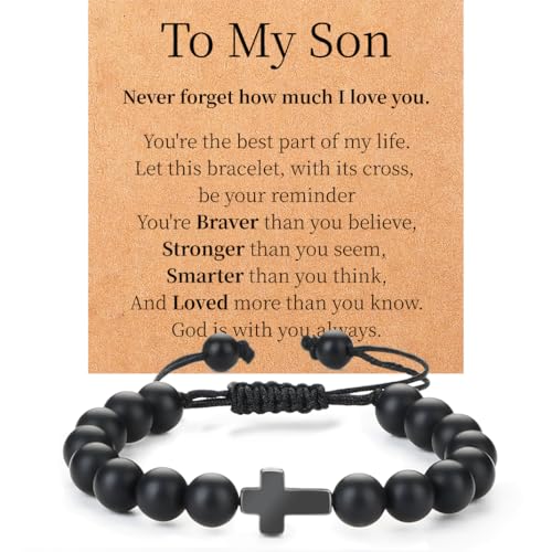 Image of Lamyba Easter Gifts for Kids /Teens /Girls, Christian Natural Stone Beaded Bracelets, Easter Basket Stuffers Essentials, Adjustable Cross Bracelets, Blue /Black