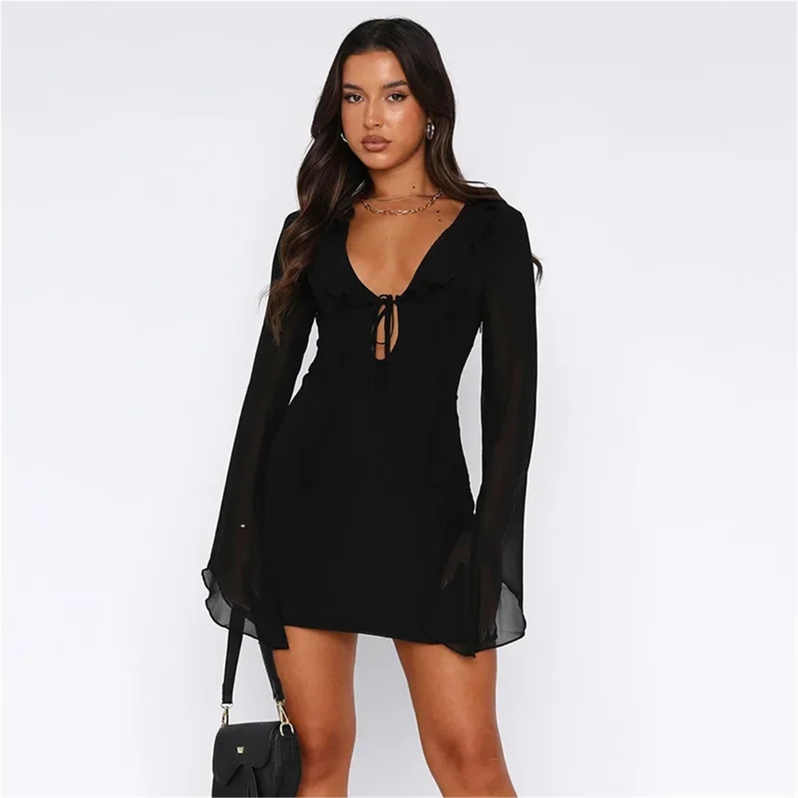 Vestito da Spiaggia Estivo in Rete a Maniche Lunghe, Vestito con Fasciatura, Scollo a V, Abiti Aderenti Sexy for Feste in Spiaggia, Abito da Sera per La Spiaggia, La Piscina(Black,S)