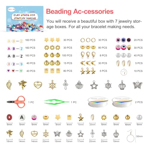 Redtwo 23000 Pcs Clay Beads Bracelet Making Kit, 144 Colors 7 Boxes Flat Polymer Heishi Beads Set for Friendship Jewelry Making with Pendant Charms Crafts Gifts for Girls Ages 6-12 Kids Adults
