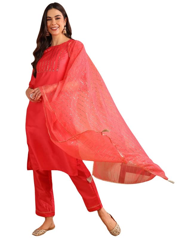 Image of Vaamsi Women's Poly Silk Embellished Solid Straight Kurta Pant with Dupatta
