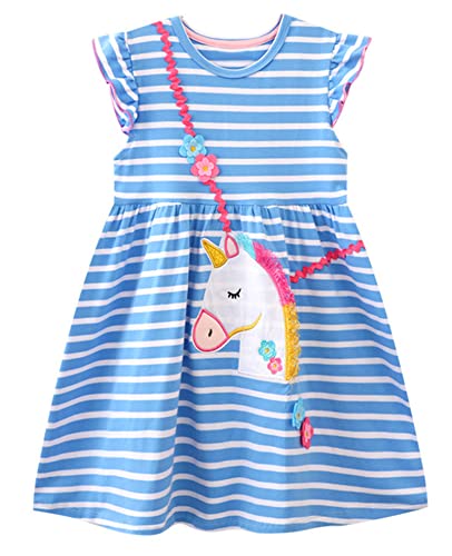 Image of HILEELANG Toddler Girls Short Sleeve Dress Easter Cotton Casual Summer Appliques Shirt Jersey Dresses