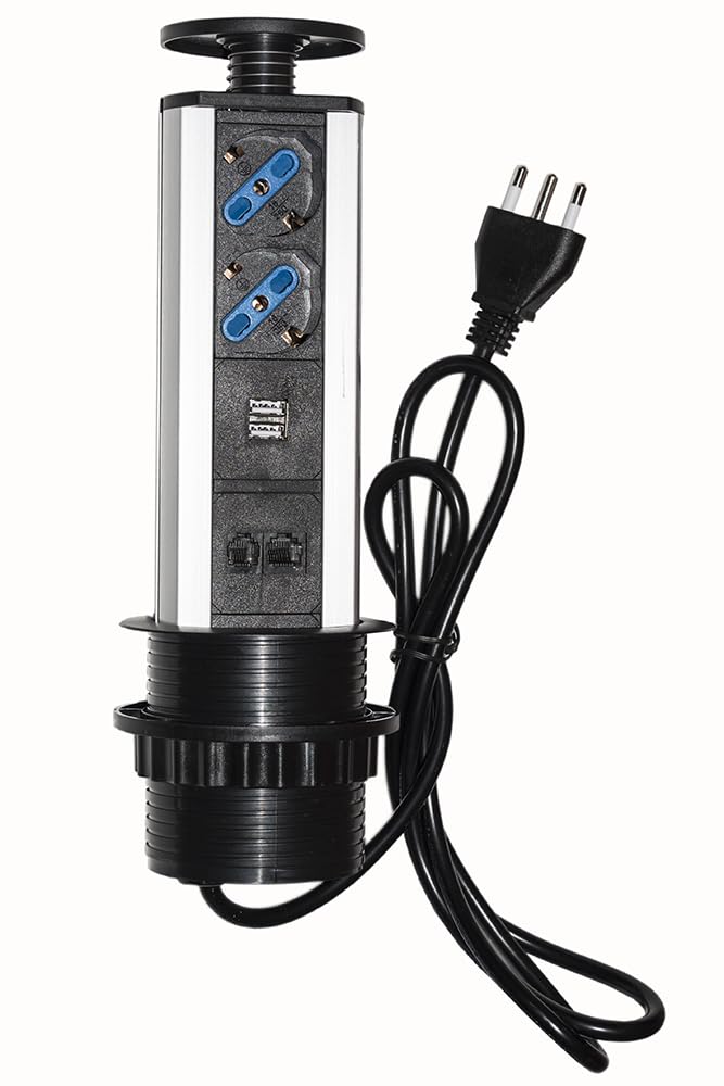 LINK LKMPT02 multipresa da tavolo a scomparsa con 2 prese universali Schuko/italiane 10-16A, 1 RJ45, 1 RJ11, 2 USB, struttura in metallo, nero, lunghezza cavo 1,70 metri, confezione da 12 unità