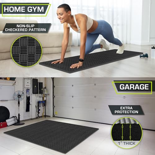 Image of ProsourceFit Exercise Puzzle Mat 1-inch, Checkered EVA Foam Floor Tiles w /Non-Slip Texture, Interlocking Design for Adjustable Gym Surfaces, Shock Absorbing, Black, 24 SQ FT - 6 Tiles