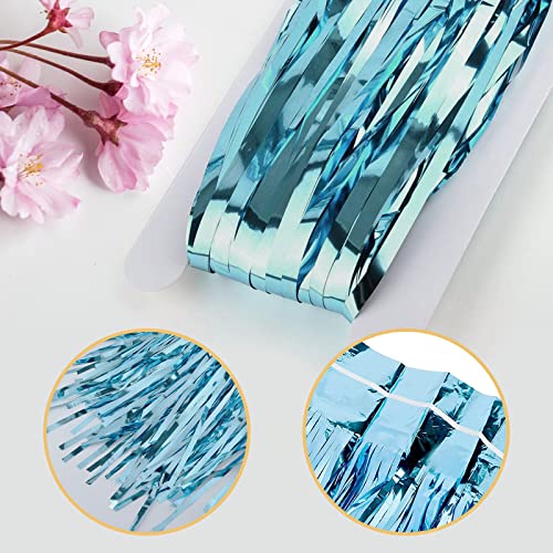 Image of 5 Pack Blue Fringe Backdrop 3.2ft x 8.2ft Foil Curtain Tinsel Foil Fringe Curtains Photo Booth Props for Mermaid Birthday Under The Sea Party Decorations Teal Blue Tinsel Backdrop Streamers (Blue)
