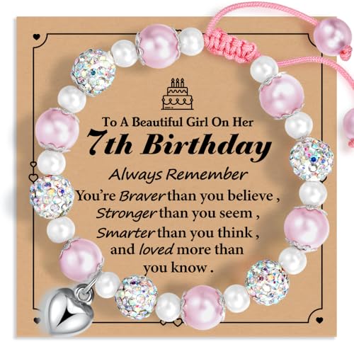 Heart Pearl and Rhinestone Balls Pink Adjustable Bracelet&Card Birthday Gifts for age: 5-9 Year Old Daughter Daughter Big Sister Teen Girls Granddaughter Niece,Back to school Easter Gifts-62