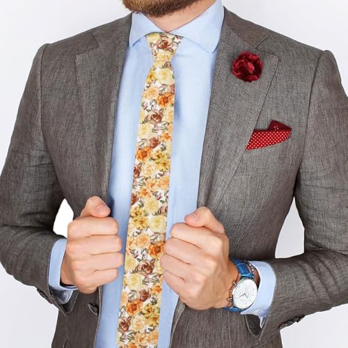 Image of Mantieqingway Men's Skinny Tie, Cotton Floral Ties for Men Wedding Necktie for Groom, Groomsmen, Missions, Dances