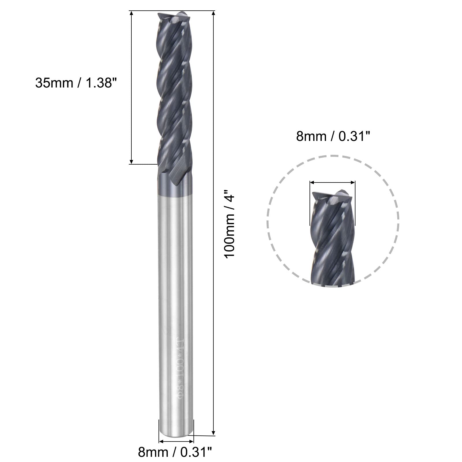 sourcing map VHM Schaftfräser 8 mm, 4 Zähne, Klingenlänge 35 mm Geschwärzt (passiviert)-Beschichtung CNC Fräser für Edelstahl, Verbundwerkstoffe und Legierungen, Schwarz