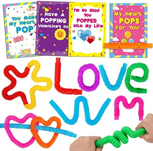 26pcs Pop Tubes Valentines Day Cards for Kids School Classroom Exchange Funny Sensory Fidget Toys Valentine’s Day Greeting Gifts for Toddler Boys Girls Valentine Party Favors Valentines Treat Bag Bulk