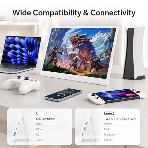 Image of KTC Portable Monitor 15.6 Inch, 1080P FHD USB-C HDMI Laptop Screen for Laptop Phone Mac PS5 Xbox Switch, IPS HDR Travel Second Screen Monitor Extender with Speakers, White, H15F8