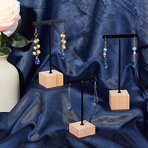 FINGERINSPIRE 3 Pcs Black Metal T Bar Earring Display Stand with Wooden Square Base 4 Holes Earrings T Stand Hanging Earring Organizer for Store Retail Photography Props(12 & 14 & 16 cm Height) - Image 4