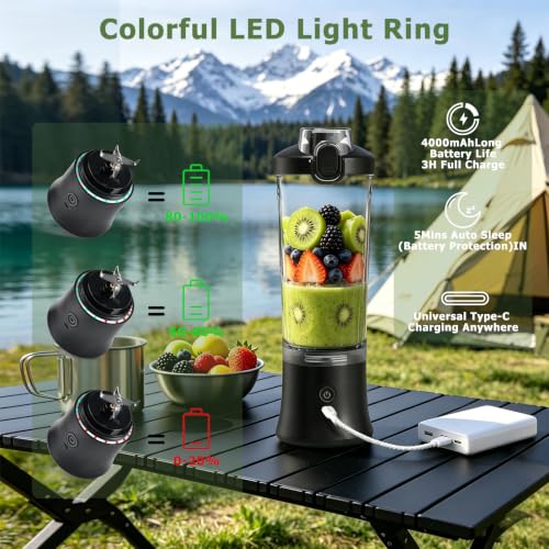 Image of CC Store Portable Blender 20 Oz with USB-C Rechargeable Design, Black | Personal blender for smoothies with leakproof travel cup,pulse mode,LED light,BPA free,cordless for gym and office