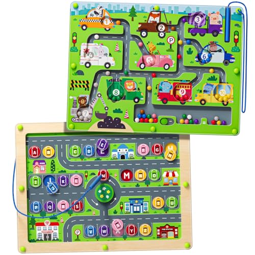 Labyrinthe magnétique 2 en 1 pour Voiture - Tableau de comptage magnétique Alphabet - Puzzle en Bois Double Face - Jouet préscolaire Montessori (Petite...