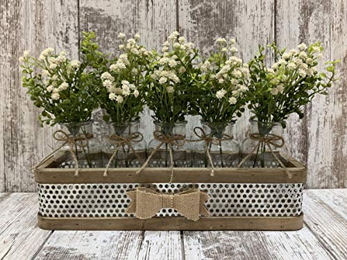 Rustic Charm Centerpiece Tray with 3 or 5 Glass Bottle Jars, Jute Accents & Optional Baby's Breath Floral Decor – Distressed Metal/Wood Box with Burlap Bow for Weddings and Farmhouse Dining - Image 5