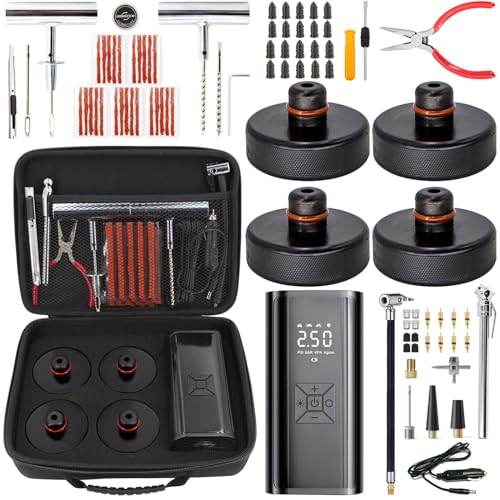 URMECCH 4PCS Lifting Jack Pad for Tesla Model 3/Y/S/X with Tire Repair Kit & Digital Tire Inflator Pump Air Compressor - Rubber Floor Jack Pucks Adapter, Portable Car Tire Repair Tool Kit