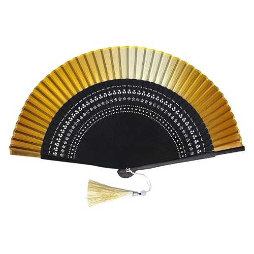 FANSOF.FANS Premium Silk Fabric Border Handheld Folding Fan with Grade A Bamboo Ribs for Women Girls Event Birthday Wedding Favour With Tassel (Gold)