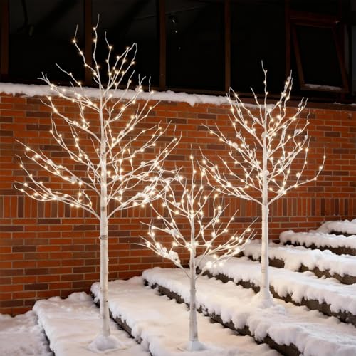 TYBEEU Lighted Birch Tree Set 4ft, 6ft and 8ft with Warm White LED Lights for Holiday Decor - Realistic Design, UL Certified, Dimmable, Waterproof - Ideal for Indoor and Outdoor Decoration