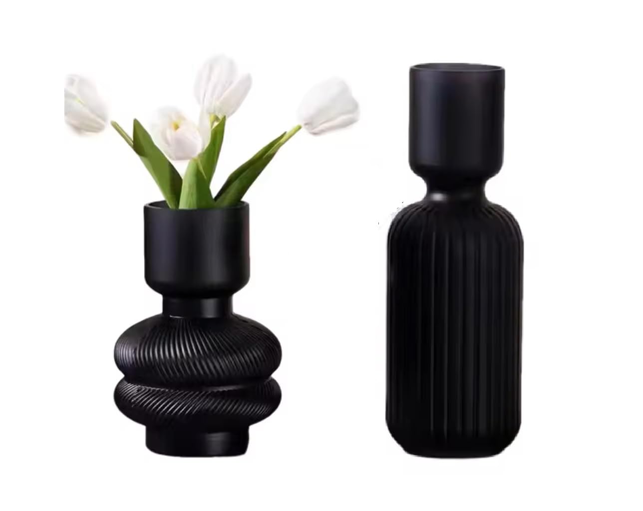 SPHINX Decorative Retro Ribbed Glass Vase For Flowers Plants Home Décor, Office Living Table Decorations, Vases for home decor, Modern Vase, Giftings- (Matt Finish Black - 9 & 7 Inches set)
