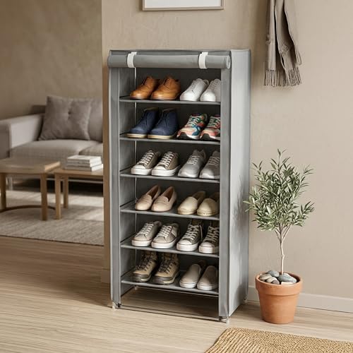 Image of HomeEssentials 6-Shelf Closet Organiser - Heavy-Duty Vertical Wardrobe Storage for Clothes, Shoes & Toys - Foldable Cloth Hanging Shelves for Home, Office & Kid's Room