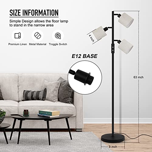 Floor Lamps For Living Room With 3 Color Temperature Led Bulb, 3-Head Tree Standing Lamp, Simple Floor Lamp With Beige Lamp Shades Modern Tall Lamps For Bedroom Office Classroom, Black (5W Led Bulbs) #TOP4