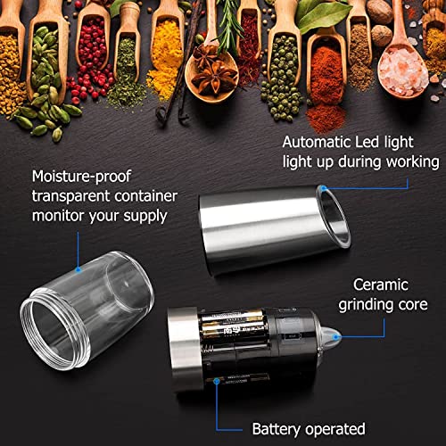 Gravity Electric Salt & Pepper Grinder Set - Battery Powered Automatic Mill Grinder With Adjustable Coarseness, Led Light, One Hand Operation - Stainless Steel Silver (2 Pack) #TOP5
