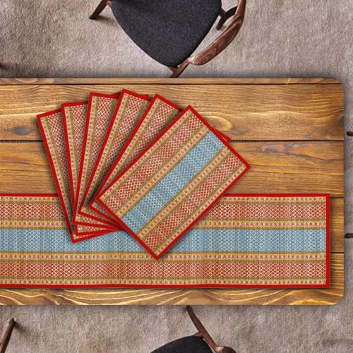 Image of Handmade River Grass Dining Table Mats Set of 6 Pieces & Runner | Heat Resistant Korai Grass Dining Mats | Natural Eco Friendly Madurkathi Placemats | Cherry Red Tablemats