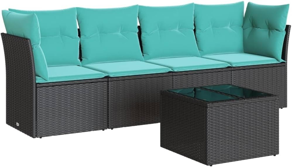 5 Piece Patio Sofa Set with Cushions Black Poly Rattan Garden Furniture Set Garden Seating Ensemble for Pond Backyard