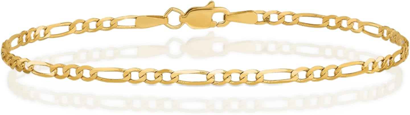 IceCarats 14K Solid Yellow Gold 2.25mm Thin Figaro Chain Flat Link Bracelet Polished