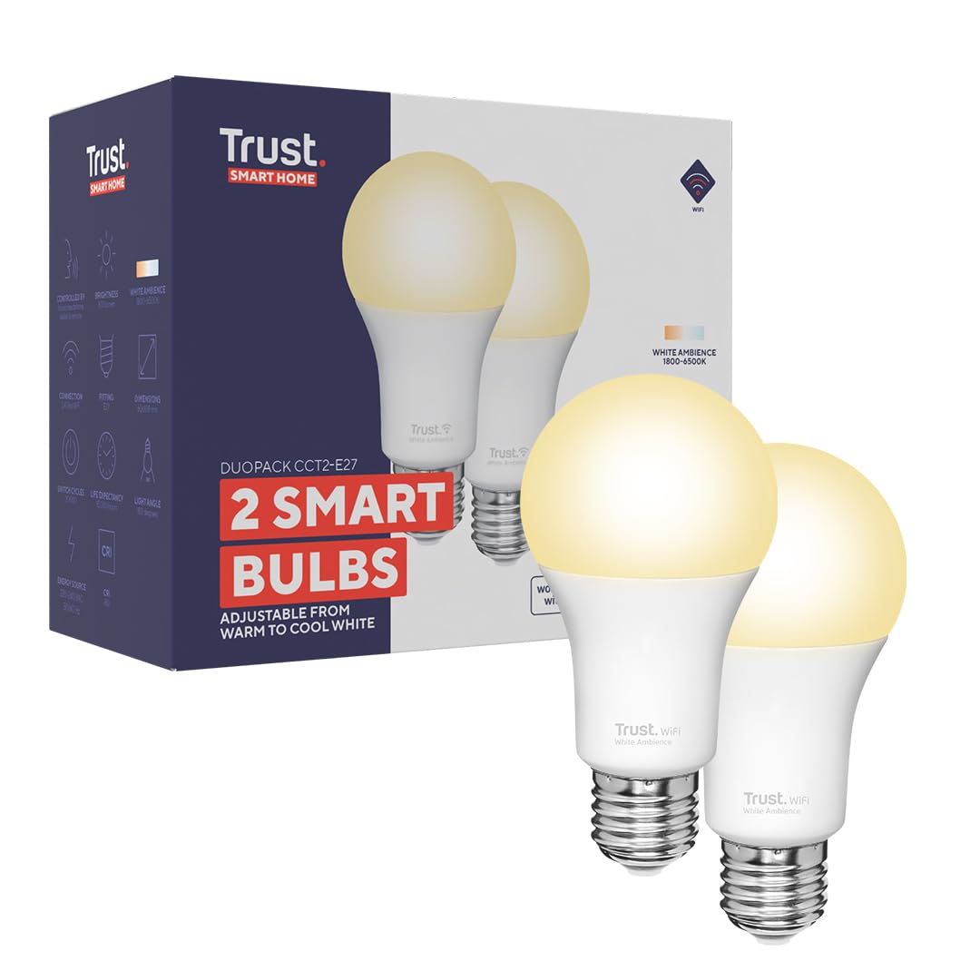 Trust WiFi E27 Smart Bulb, Dimmable LED Bulb, Works with Alexa and Google Home, No Hub, 2.4GHz WiFi Bulb, E27 Screw Bulb, Warm to Cool, White Ambience [Amazon Exclusive] - 2 Pack