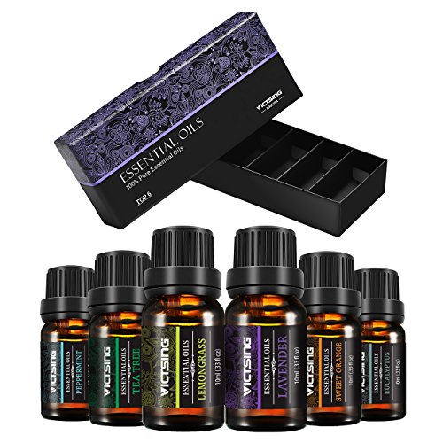 VicTsing Essential Oils, TOP 6 Pure Aromatherapy Oils Set, Essential Fragrance Oil Set for Women, Men, Diffuser, Humidifier(Orange, Lavender, Tea Tree, Lemongrass, Eucalyptus, Peppermint, 10ml/bottle)