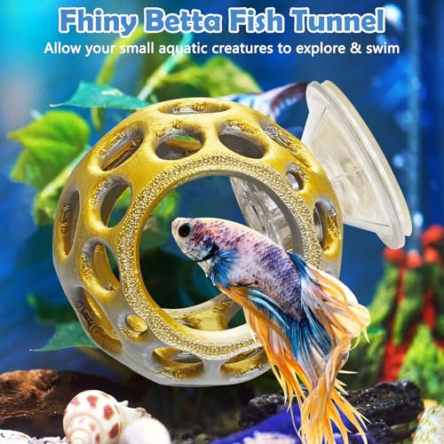 Image of Fhiny Betta Tunnel, Aquarium Betta Fish Hideout with Suction Cup Fish Tank Tunnel Shrimp Cave Aquarium Decor Fish Tank Accessories for Small Fish Shrimp Betta Guppy Hiding Resting (Gold)