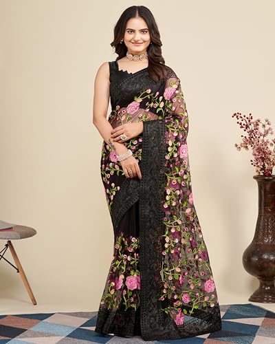 Image of VAIRAGEE Women's Beautiful Soft Net Embroidery Saree With Unstitched Blouse 6079