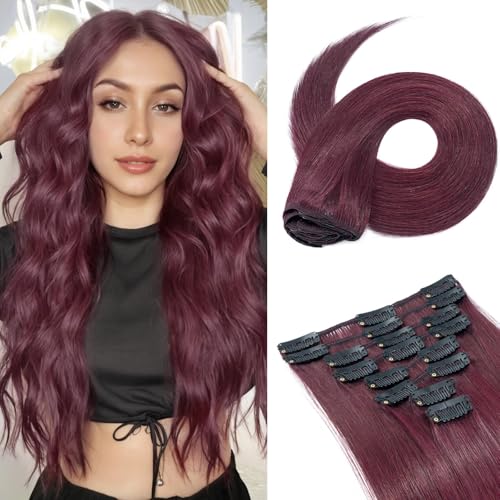 Image of Benehair Clip in Hair Extensions Real Human Hair, Long Straight Hair Extensions Clip in Human Hair for Women, 100% Remy Natural, Full Head 8pcs 20inch #99J Wine Red