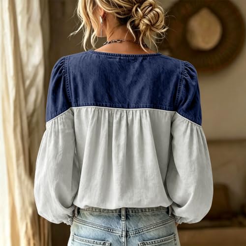Floral Shirts for Women Button Denim Patchwork V Neck Long Puff Sleeve Top - image 5