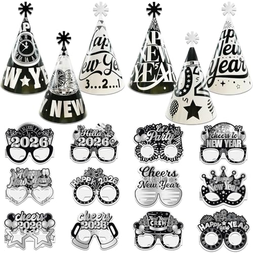 LECONCES - 2026 New Year Eve Party Accessories Black and Silver: Photo Booth Props, Glasses, Paper Cone Hats