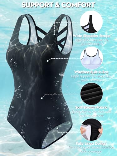 Image of American Trends Athletic One Piece Swimsuits for Women Modest Bathing Suits Criss Cross Back Water Aerobics Swimwear