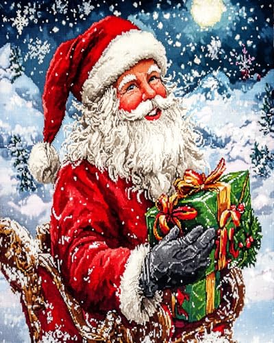 Punto de cruz navideño Papá Noel y regalos para decorar el salón este invierno