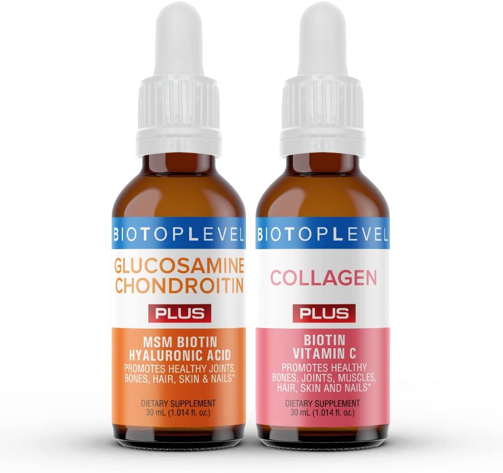 BIOTOPLEVEL Best Combination (Bundle) for The Good Health of Joints, Bones, Muscles, Hair, Skin and Nails - Glucosamine, Chondroitin, Collagen, Biotin, Hyaluronic Acid, MSM and Vitamin C