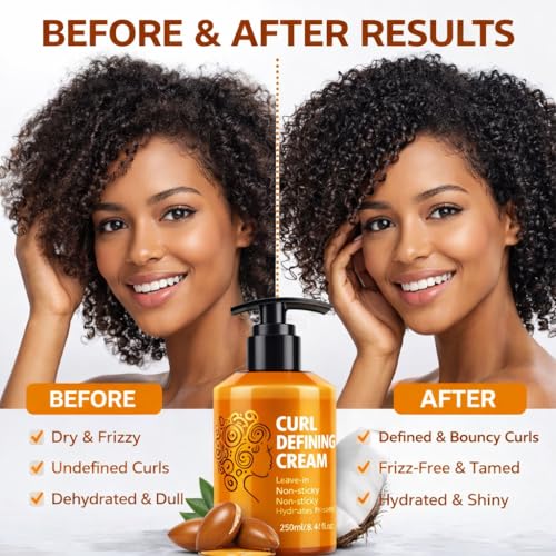 Image of Curl Defining Cream for Curly & Wavy Hair - Leave-In Styling Cream for Frizz Control, Soft Hold & Hydration | Curl Enhancing Cream with Argan Oil & Coconut Extract - Non-Sticky Formula - 250ml