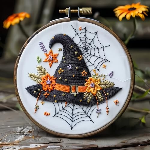 Floral Witch Hat Embroidery Kit Halloween Cross Stitch Material Set with Bat Skull Flower Pumpkin Patterns DIY Hand Needlepoint Embroidery Craft Kit for Beginners Professional (Floral Witch Hat)
