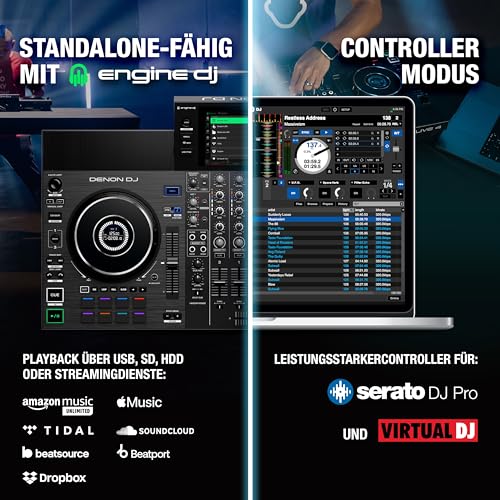DENON DJ SC LIVE 4 Standalone DJ-Controller mit Stem-Trennung auf 4 Decks, WLAN-Streaming, internen Lautsprechern, Serato DJ und Virtual DJ kompatibel