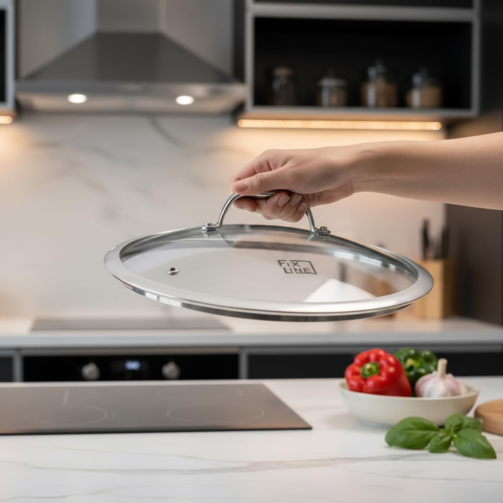 FIXLINE® Coperchio in vetro 28 cm – Coperchio universale in vetro temperato con uscita vapore e bordo in acciaio inox – Coperchio per padella e coperchio adatto per padelle e pentole Ø 28 cm