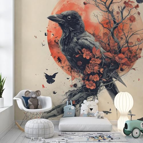 Papier peint panoramique corbeau branches fleurs décoration murale