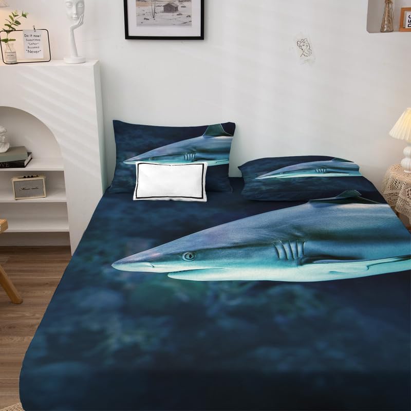 Miniatura 3 de Juego de sábanas de tiburón tamaño Queen, gran sábanas de microfibra suave, bolsillo profundo, sábanas y fundas de almohada estampadas sin arrugas,
